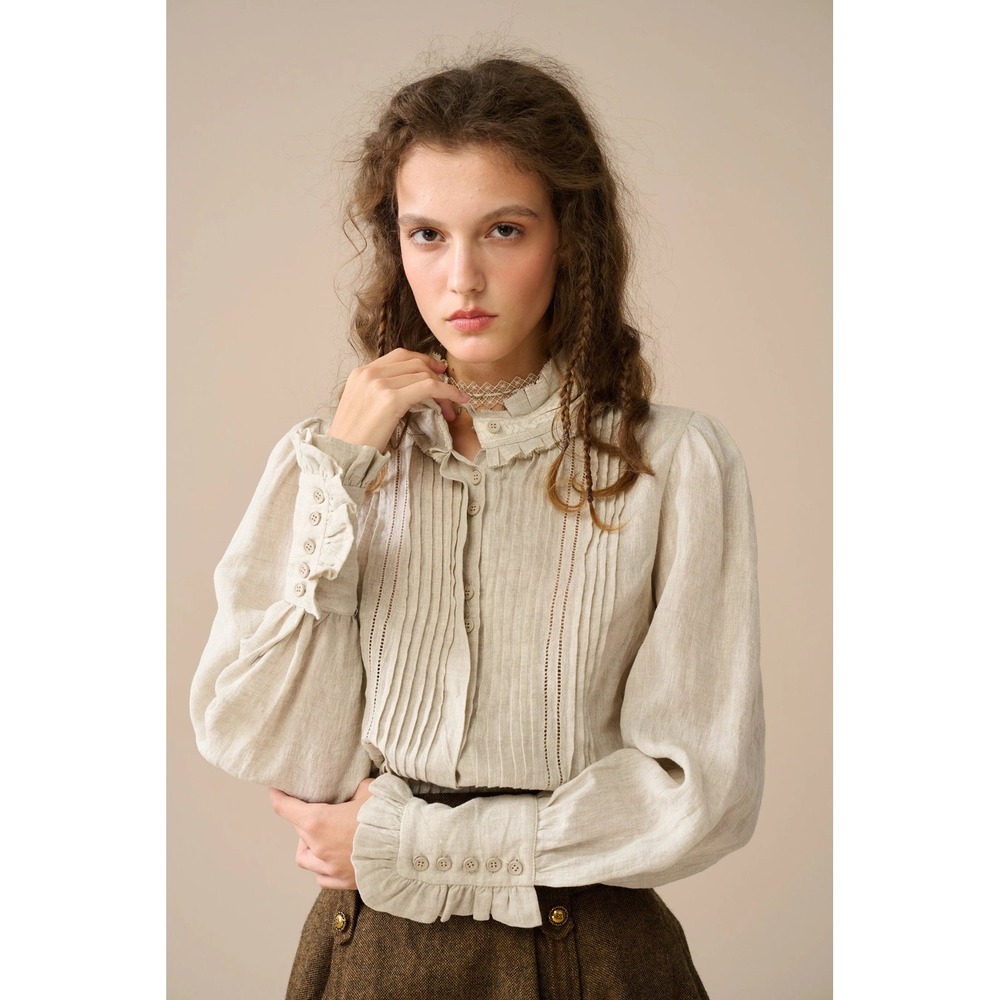 Linennaive Sharon 21 Pintucked Luxury Linen Shirt Blouse Oatmeal Beige Victorian